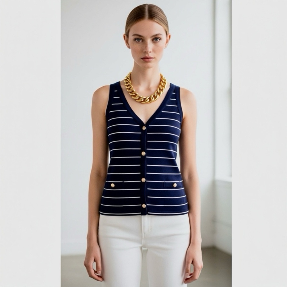 Ann Taylor Striped Vest Preppy Lady Tank Top Button Front V-Neck Knit  S M L NEW